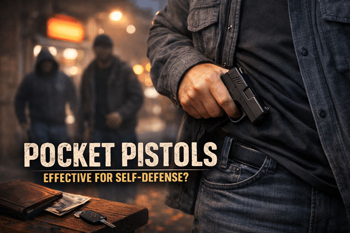 Dim urban scene with pocket pistol